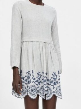 Zara Light Gray Mini Dress with Navy Embroidered Hem
